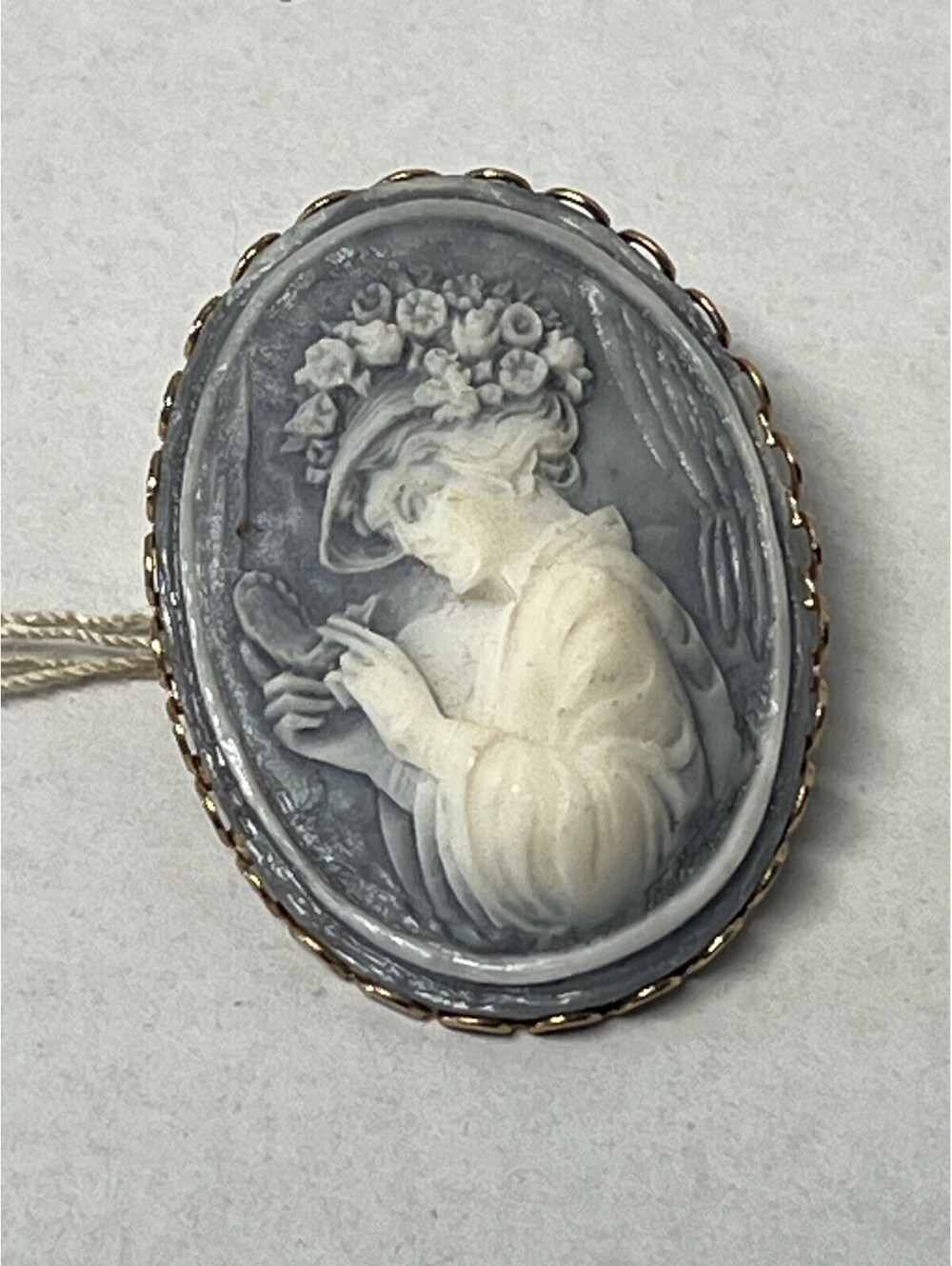 Vintage Brooch Blue Cameo 18K Gold Plated Lady with Mirror Legacy House 1980's